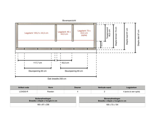 Technische tekening opbergkast met bovenaanzicht. Buitenmaten 180 bij 87 bij 206 centimeter, binnenmaten 169 bij 73 bij 194 centimeter.