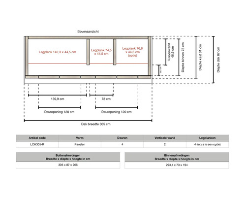 Maattekening bovenaanzicht tuinkast met buitenafmetingen 305 bij 87 bij 206 centimeter en binnenafmetingen 293,4 bij 73 bij 194 centimeter.