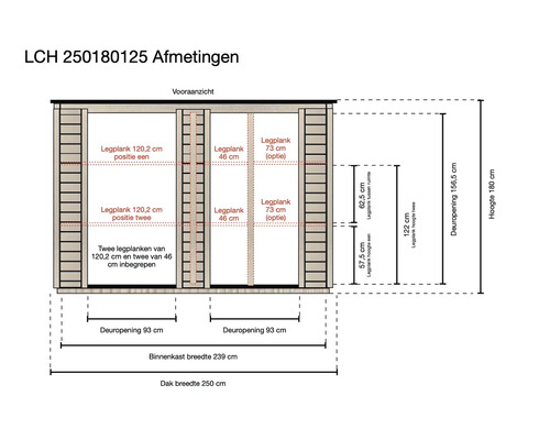 Technische tekening van tuinkast LCH 250180125, vooraanzicht met afmetingen: hoogte 180 centimeter, dakbreedte 250 centimeter en legplankposities.