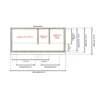 Technische tekening bovenaanzicht berging met afmetingen in centimeters voor legplanken, deuren en dakbreedte van 250 centimeter.