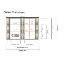 Maatschets van de tuinkast LCH 305180 met details over de breedte van 305 centimeter, hoogte van 180 centimeter en de interne indeling.