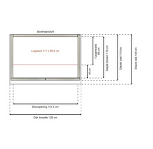 Technische tekening van bovenaf: dakbreedte 125 centimeter, diepte 125 centimeter, legplank 117 bij 58,5 centimeter.
