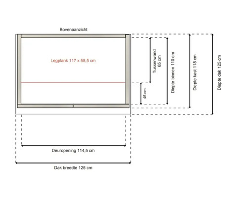 Technische tekening van bovenaf: dakbreedte 125 centimeter, diepte 125 centimeter, legplank 117 bij 58,5 centimeter.