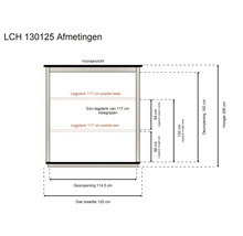 Technische tekening LCH 130125 vooraanzicht: totale hoogte 206 centimeter, deuropening 114,5 bij 182 centimeter, dakbreedte 125 centimeter.