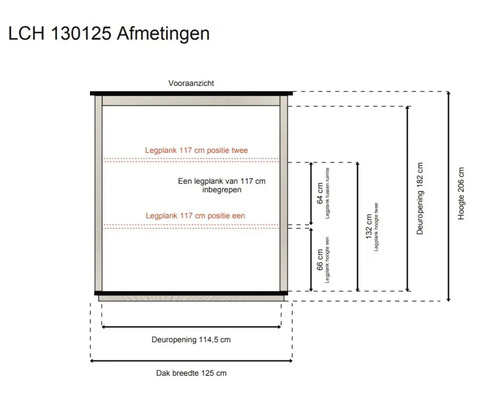 Technische tekening LCH 130125 vooraanzicht: totale hoogte 206 centimeter, deuropening 114,5 bij 182 centimeter, dakbreedte 125 centimeter.