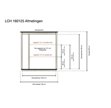 Technische tekening vooraanzicht van LCH 160125 met afmetingen: hoogte 206 centimeter, dakbreedte 160 centimeter en legplankposities.