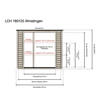 Maatschets van de vooraanzicht van tuinhuis LCH 180125 met afmetingen voor dakbreedte 180 centimeter, deuropening 124 centimeter en hoogte 206 centimeter.