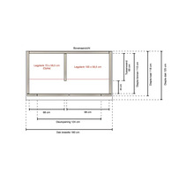 Technische tekening in bovenaanzicht van een tuinkast met afmetingen: dakbreedte 180 centimeter en dakdiepte 125 centimeter.