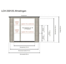 Maatschets van een tuinkast in vooraanzicht. Dakbreedte 230 centimeter, totale hoogte 206 centimeter, deuropening 124 bij 182 centimeter.