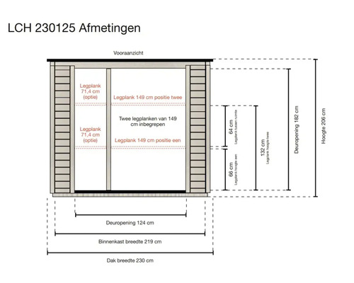 Maatschets van een tuinkast in vooraanzicht. Dakbreedte 230 centimeter, totale hoogte 206 centimeter, deuropening 124 bij 182 centimeter.
