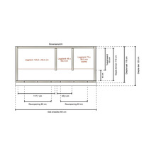Technische tekening bovenaanzicht kast afmetingen: dakbreedte 250 centimeter, dakdiepte 125 centimeter, deuropeningen 93 centimeter.
