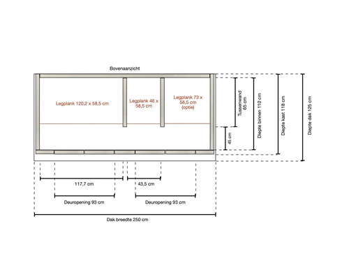 Technische tekening bovenaanzicht kast afmetingen: dakbreedte 250 centimeter, dakdiepte 125 centimeter, deuropeningen 93 centimeter.