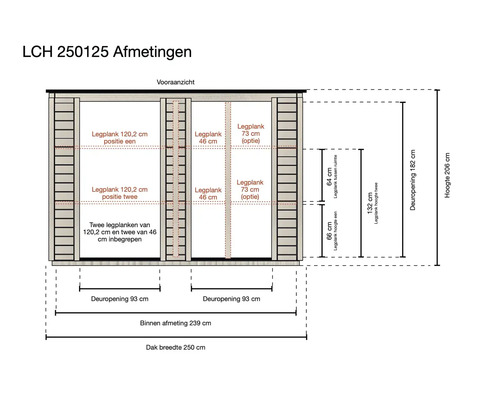 Technische tekening tuinhuis LCH 250125 vooraanzicht met afmetingen: hoogte 206 centimeter, dakbreedte 250 centimeter, deuropeningen 93 centimeter.