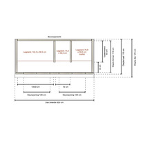 Bovenaanzicht tekening tuinhuis met afmetingen: dakbreedte 305 centimeter, dakdiepte 125 centimeter, twee deuropeningen van 120 centimeter.