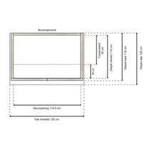 Bovenaanzicht met maten van een kast: dakbreedte 125 centimeter, deuropening 114,5 centimeter, dakdiepte 125 centimeter, kastdiepte 118 centimeter.