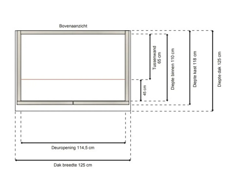 Bovenaanzicht met maten van een kast: dakbreedte 125 centimeter, deuropening 114,5 centimeter, dakdiepte 125 centimeter, kastdiepte 118 centimeter.