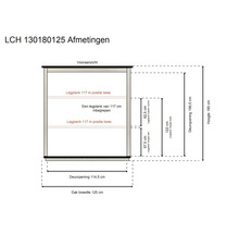 Maatvoering model LCH 130180125: hoogte 180 centimeter, dakbreedte 125 centimeter, deuropening 114,5 bij 156,5 centimeter.