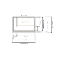 Bovenaanzicht tuinkast: dakbreedte 160 centimeter, dakdiepte 125 centimeter, kastdiepte 118 centimeter en legplank 121 bij 58,5 centimeter.