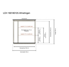 Technische tekening vooraanzicht houten kast met afmetingen: hoogte 180 centimeter, dakbreedte 160 centimeter en deuropening 149,5 centimeter.