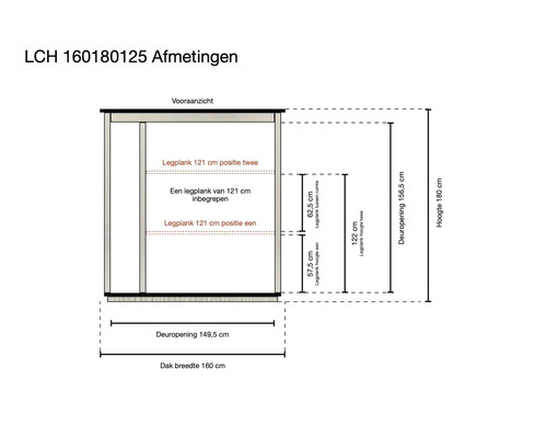 Technische tekening vooraanzicht houten kast met afmetingen: hoogte 180 centimeter, dakbreedte 160 centimeter en deuropening 149,5 centimeter.