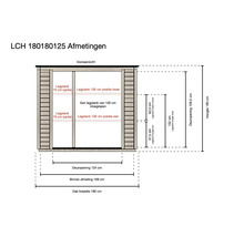 Vooraanzicht houten berging met afmetingen: hoogte 180 centimeter, deuropening 156,5 bij 124 centimeter en dakbreedte 180 centimeter.