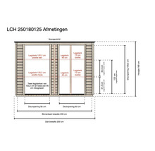 Technische tekening van berging LCH 250180125 met afmetingen: hoogte 180 centimeter, dakbreedte 250 centimeter en indeling van de legplanken.