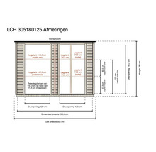 Technische tekening van berging LCH 305180125 vooraanzicht met afmetingen zoals breedte 305 centimeter en hoogte 180 centimeter.