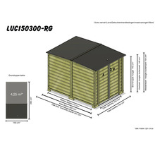 Technische tekening van een houten tuinkast met afmetingen circa: grondoppervlakte 4,25 vierkante meter, breedte 150 centimeter, diepte 283 centimeter.