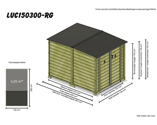 Technische tekening van een houten tuinkast met afmetingen circa: grondoppervlakte 4,25 vierkante meter, breedte 150 centimeter, diepte 283 centimeter.