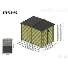 Technische tekening van een houten bergkast met afmetingen: oppervlakte circa 3,03 vierkante meter, breedte 125 cm en diepte circa 242 cm.