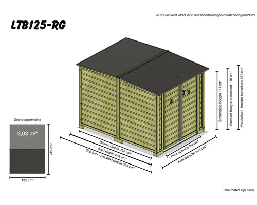 Technische tekening van een houten bergkast met afmetingen: oppervlakte circa 3,03 vierkante meter, breedte 125 cm en diepte circa 242 cm.