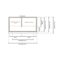 Bovenaanzicht van een tuinkast met legplanken in technische tekening, dakbreedte 230 centimeter en diepte 125 centimeter.