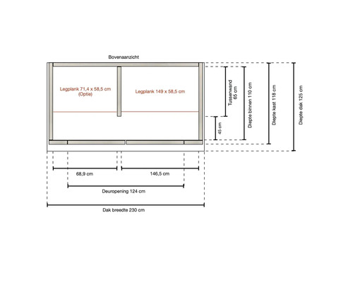 Bovenaanzicht van een tuinkast met legplanken in technische tekening, dakbreedte 230 centimeter en diepte 125 centimeter.