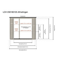 Maatschets vooraanzicht van bergkast LCH 230180125. Hoogte 180 centimeter, dakbreedte 230 centimeter en deuropening 124 centimeter.