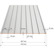 Profielplaat met afmetingen: totale breedte 910 millimeter, werkende breedte 847 millimeter, profielhoogte 12 millimeter en afstand 121 millimeter.