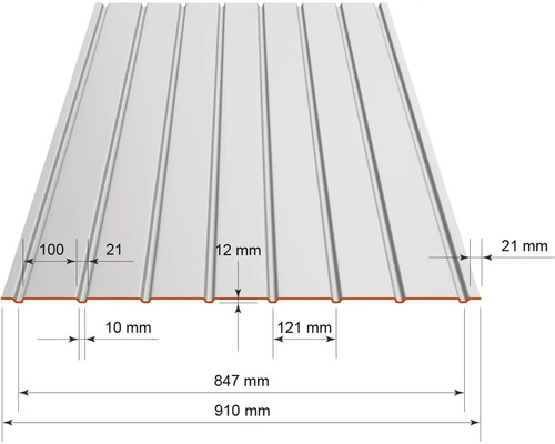 Profielplaat met afmetingen: totale breedte 910 millimeter, werkende breedte 847 millimeter, profielhoogte 12 millimeter en afstand 121 millimeter.