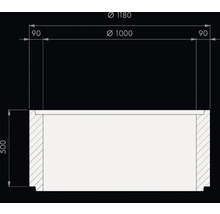 Technische tekening putring: buitendiameter 1180 millimeter, binnendiameter 1000 millimeter, hoogte 500 millimeter.
