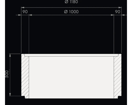 Technische tekening putring: buitendiameter 1180 millimeter, binnendiameter 1000 millimeter, hoogte 500 millimeter.