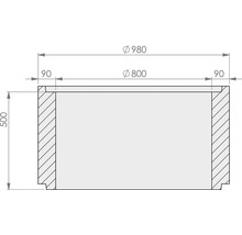 Technische tekening van een schachtring met buitendiameter 980, binnendiameter 800, wanddikte 90 en hoogte 500 millimeter.