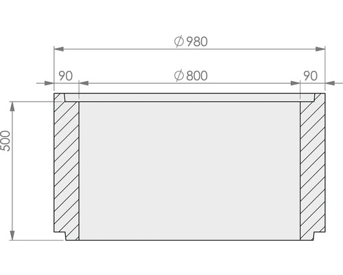 Technische tekening van een schachtring met buitendiameter 980, binnendiameter 800, wanddikte 90 en hoogte 500 millimeter.
