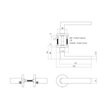 Technische tekening van een deurkruk met ronde rozet en afmetingen in millimeters.