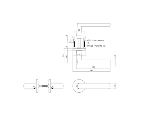 Technische tekening van een deurkruk met ronde rozet en afmetingen in millimeters.