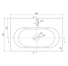 Technische tekening van een rechthoekige wastafel in bovenaanzicht met afmetingen 600 bij 380 millimeter en details van boorgaten.