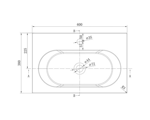 Technische tekening van een rechthoekige wastafel in bovenaanzicht met afmetingen 600 bij 380 millimeter en details van boorgaten.
