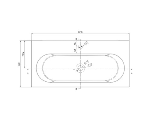 Technische tekening van een wastafel in bovenaanzicht met afmetingen in millimeter. Breedte 800 millimeter, diepte 380 millimeter.