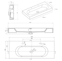 Technische tekening van een rechthoekige wastafel met ovale kom en afmetingen in millimeter en centimeter.