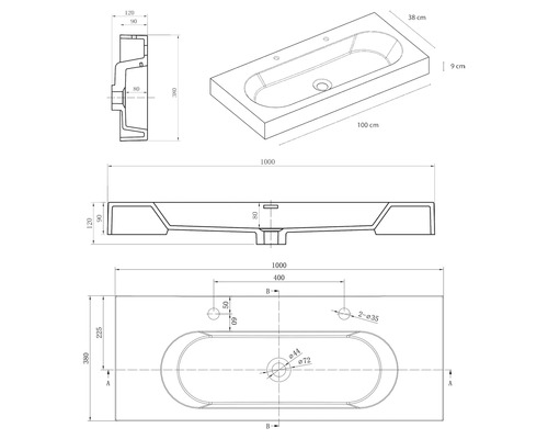 Technische tekening van een rechthoekige wastafel met ovale kom en afmetingen in millimeter en centimeter.