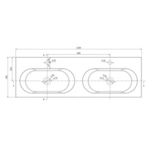 Technische tekening voor een dubbele wastafel met twee ovale waskommen, totale breedte 1200 millimeter en diepte 380 millimeter.