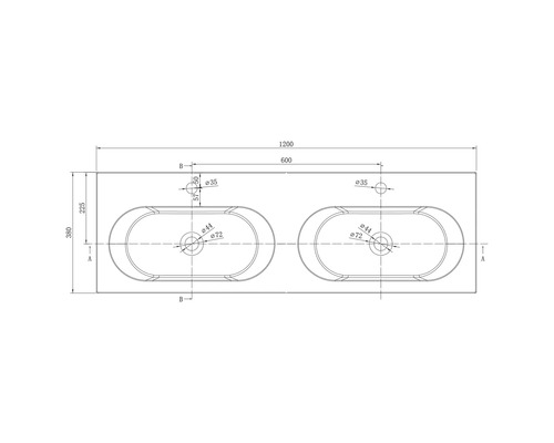 Technische tekening voor een dubbele wastafel met twee ovale waskommen, totale breedte 1200 millimeter en diepte 380 millimeter.