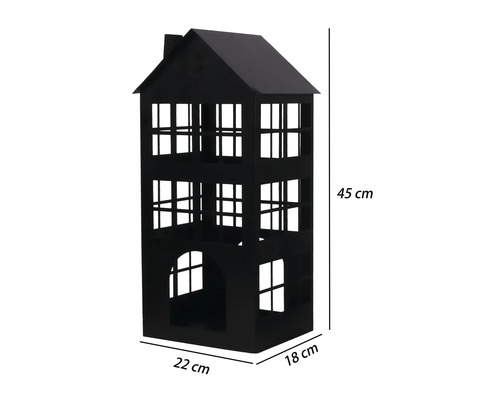 Zwarte metalen windlichthouder in de vorm van een huis met ramen, 45 centimeter hoog, 22 centimeter breed en 18 centimeter diep.